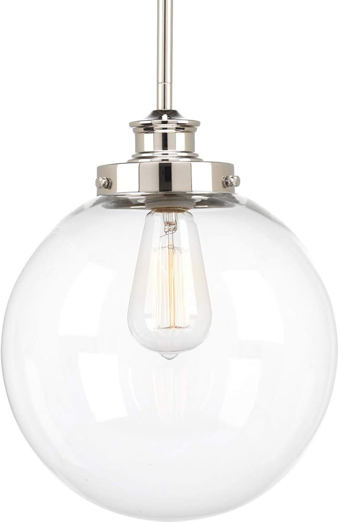 Progress Lighting 1-Light Clear Glass Farmhouse Pendant Light, Penn Collection, Indoor, P5070-104, Polished Nickel