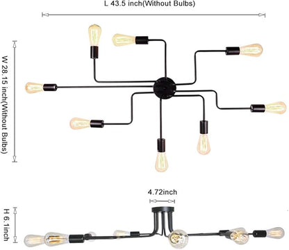 LynPon Black Sputnik Ceiling Light Fixture, 8 Lights Industrial Light Fixtures Semi Flush Mount Ceiling Light Rustic Retro Metal Chandelier Lighting for Kitchen Dining Room Living Room