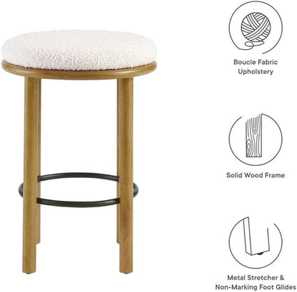 Modway Fable 26 Inch Backless Counter Stools Set of 2 in Oak Ivory - Kitchen Stools Counter Height - 2Pcs Upholstered Padded Boucle Seat for Kitchen Counter or Island with Wood Legs and Footrest