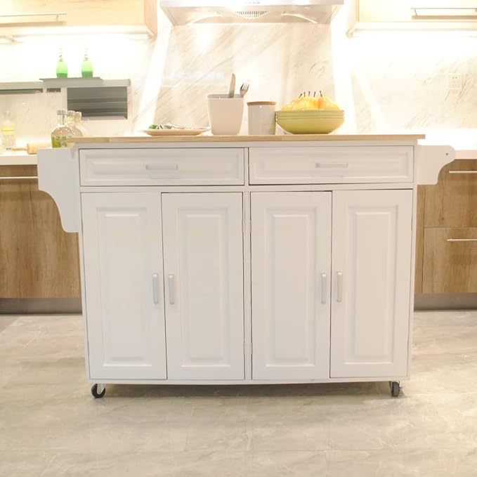 GOWE Kitchen Island & Kitchen Cart, Mobile Kitchen Island, Rubber Wood Top, Big & Adjustable Shelf Inside Cabinet for Different Utensils, Luxury Design Fits Party at Different Site.