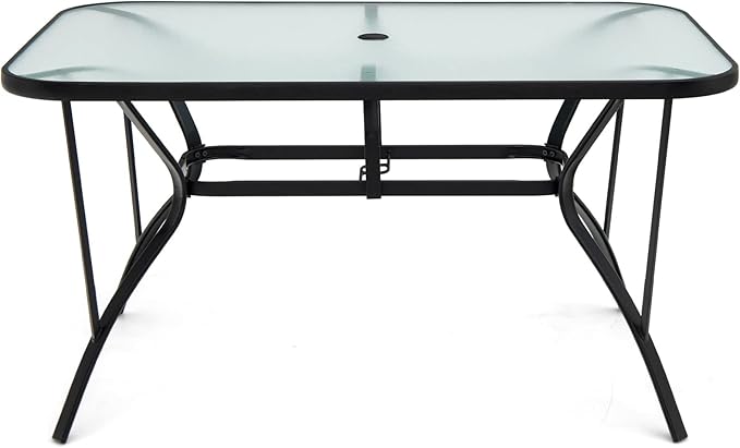 Giantex Patio Dining Table for for 4-6 Person, Outdoor Table with 1.5” Umbrella Hole, Rectangular Tempered Glass Tabletop, Sturdy Steel Frame, 55” x 35” x 28”