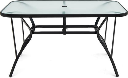 Giantex Patio Dining Table for for 4-6 Person, Outdoor Table with 1.5” Umbrella Hole, Rectangular Tempered Glass Tabletop, Sturdy Steel Frame, 55” x 35” x 28”