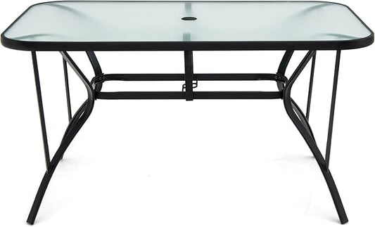 Giantex Patio Dining Table for for 4-6 Person, Outdoor Table with 1.5” Umbrella Hole, Rectangular Tempered Glass Tabletop, Sturdy Steel Frame, 55” x 35” x 28”