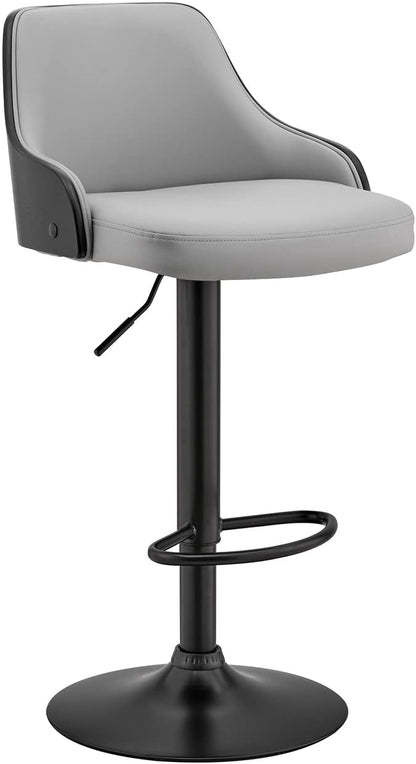 Armen Living Asher Modern Adjustable Height Swivel Gray Faux Leather and Black Wood Bar Stool with Black Base for Kitchen Island Counter