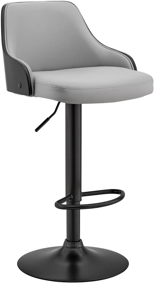 Armen Living Asher Modern Adjustable Height Swivel Gray Faux Leather and Black Wood Bar Stool with Black Base for Kitchen Island Counter