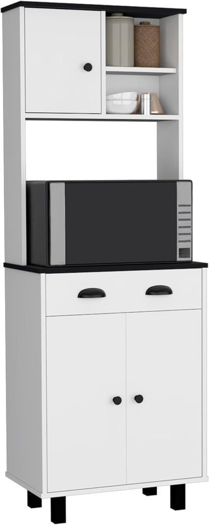 67" H Kitchen Pantry, Storage Cabinet with 2 Cabinets, 2 Open Shelves and 1 Drawer, White+Black, Easy to Maintain, for Dining Room