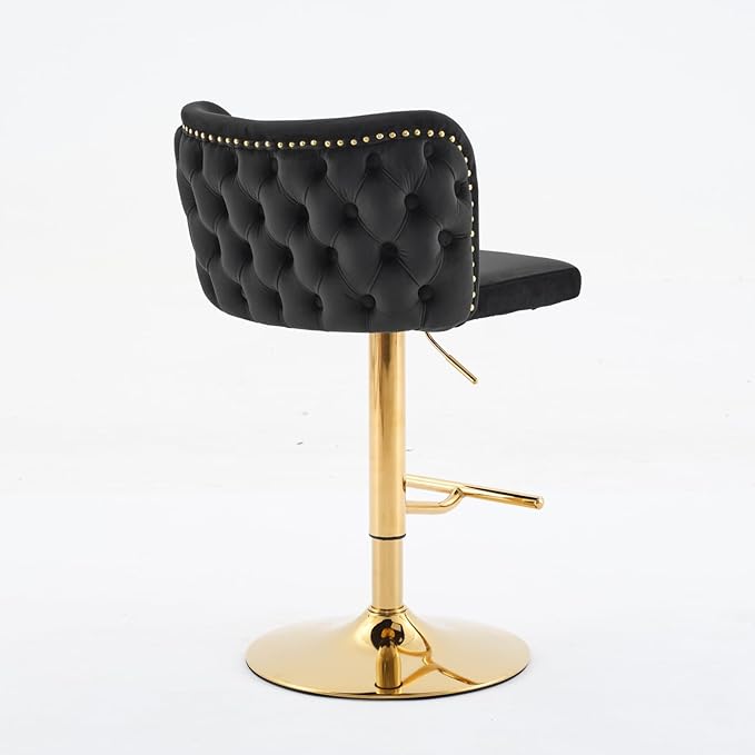 Furniture,Swivel Adjusatble Seat Height with Gold Plating Base, Classic Velvet Upholstered Bar Stools with The Whole Back Tufted, for Home Pub and Kitchen Island,Black,Set of 2