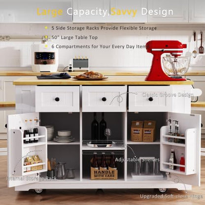 53" Mobile Kitchen Island with Drop Leaf, Rolling Kitchen Cart with Power Outlet and Door Internal Storage Rack, Island Table with 5 Open Side Racks for Dining Room (White)