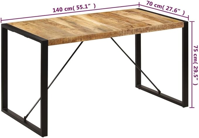 Brown Rectangular Solid Mango Wood Dining Table 55.1 x 27.6 in with Powder-Coated Steel Base, 6-Seater Kitchen & Dining Room Furniture for Modern Rustic Gatherings