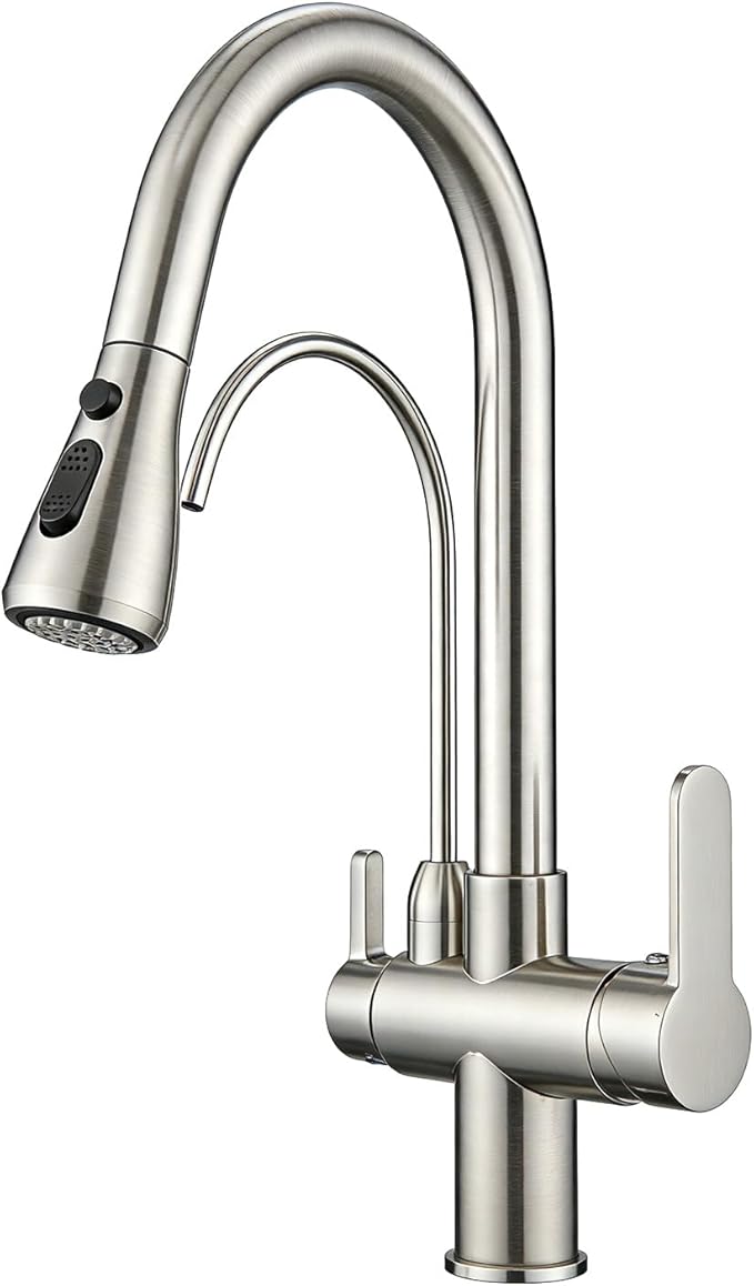 WANFAN Kitchen Sink Faucet with Pull Down Sprayer 2 Handle 3 in 1 Water Filter Purifier Faucets Brushed Nickel 0195SN