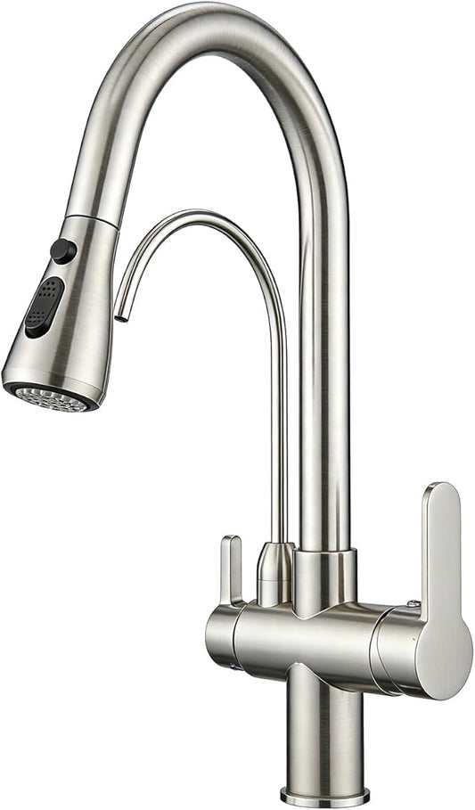 WANFAN Kitchen Sink Faucet with Pull Down Sprayer 2 Handle 3 in 1 Water Filter Purifier Faucets Brushed Nickel 0195SN