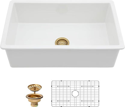 Kichae 32 Inch White Undermount Sink Fireclay 32x19 Inch White Kitchen Sink Dual Drop in & Undermount Kitchen Sinks Single Bowl Deep Porcelain Ceramic Sinks
