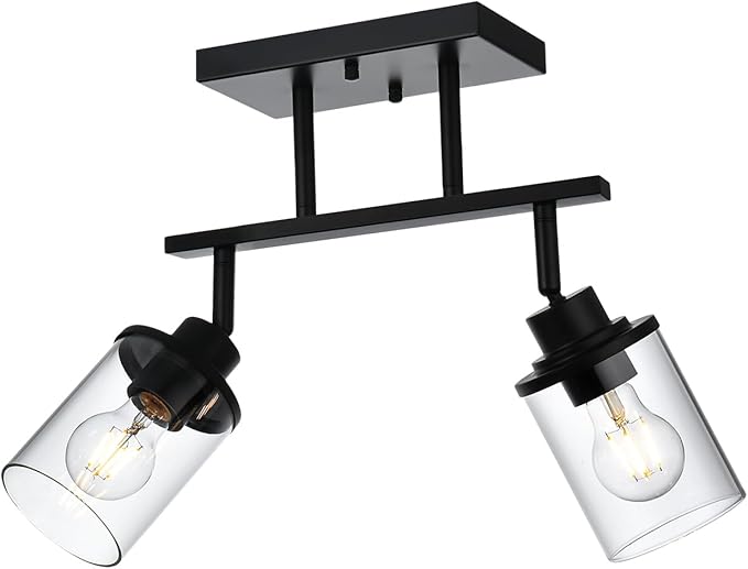 2 Light Track Lighting Kit, Black Bathroom Wall Lights with Clear Glass Shade, Ceiling Spot Lighting with Flexibly Rotatable Light Head for Kitchen Living Room Hallway