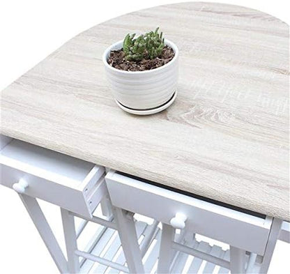Dining Room Table Set, Folding Kitchen Bar Breakfast Drop Leaf Breakfast Cart for Small Spaces, Kitchen Island On Wheels, Kitchen Cart with 2 Round Stools Chairs Desk (White)