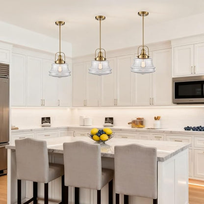 DEYNITE Modern Gold Kitchen Pendant Light Seeded Glass Shade-Rod Hanging Nautical Schoolhouse Dimmable Light for Dining Room Bathroom Hallway