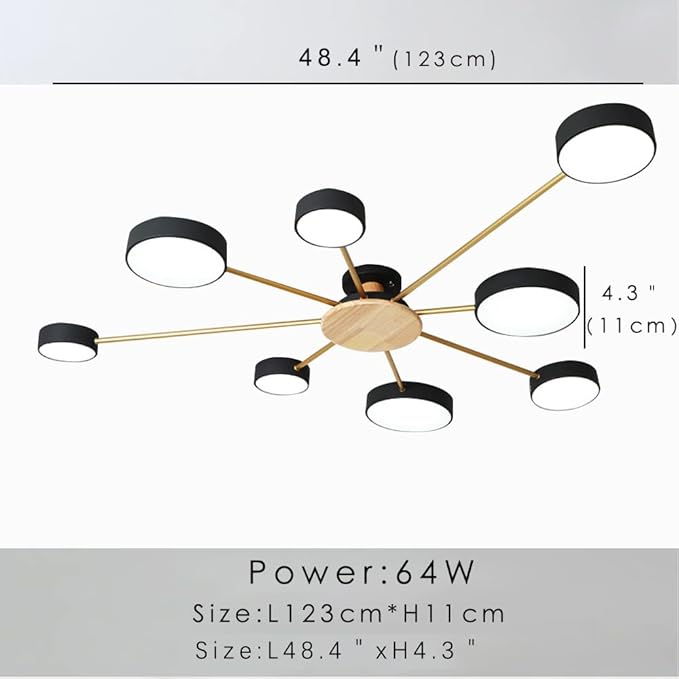 8-Lights LED Ceiling Light Fixture,48 Inch Modern Ceiling Lights Flush Mount Wooden 64W Dimmable Chandelier for Living Room Bedroom Kitchen,3000K/4000K/6000K Temperatures Selectable Black