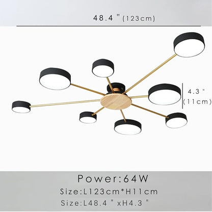 8-Lights LED Ceiling Light Fixture,48 Inch Modern Ceiling Lights Flush Mount Wooden 64W Dimmable Chandelier for Living Room Bedroom Kitchen,3000K/4000K/6000K Temperatures Selectable Black