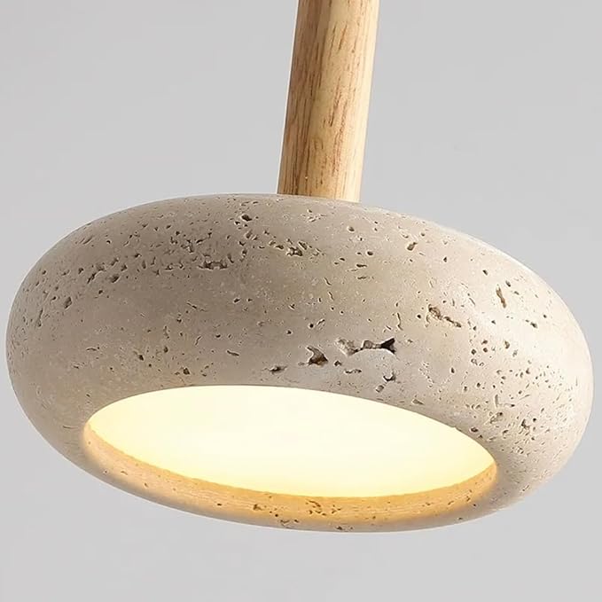Japanese Wabi sabi Pendant Light with Natural Stone Shade, Dimmable Modern Wood Hanging Lamp Fixture, Adjustable Height Pendant Lamp for Bedroom, Kitchen Island, Dining Room, Restaurant, Cafe, Bar (E)