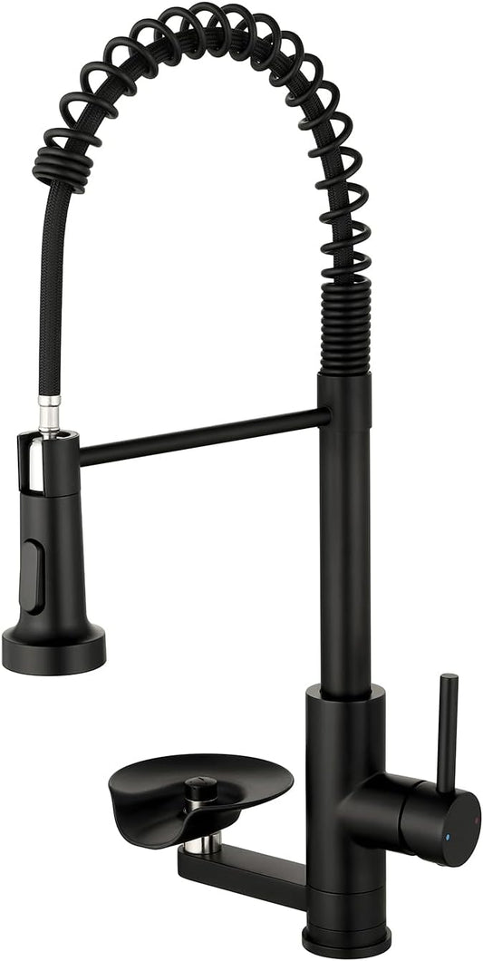 OWOFAN Kitchen Faucet with Cup Washer Pull Down Sprayer Stainless Steel Kitchen Sink Faucet with Deck Plate Glass Rinser Single Hole Black