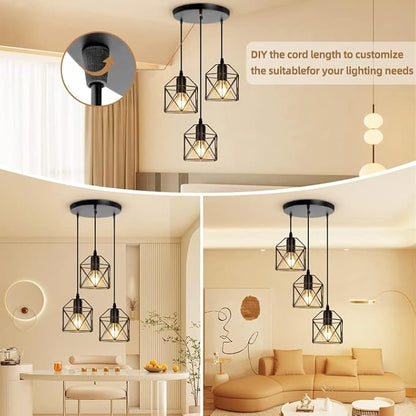 CANMEIJIA 3-Light Pendant Light Fixtures, Farmhouse Kitchen Island Light Fixture, Industrial Hanging Pendant Lighting for Dining Room Bedroom, Black Metal Cage Pendant, E26 Base, Bulbs Not Included