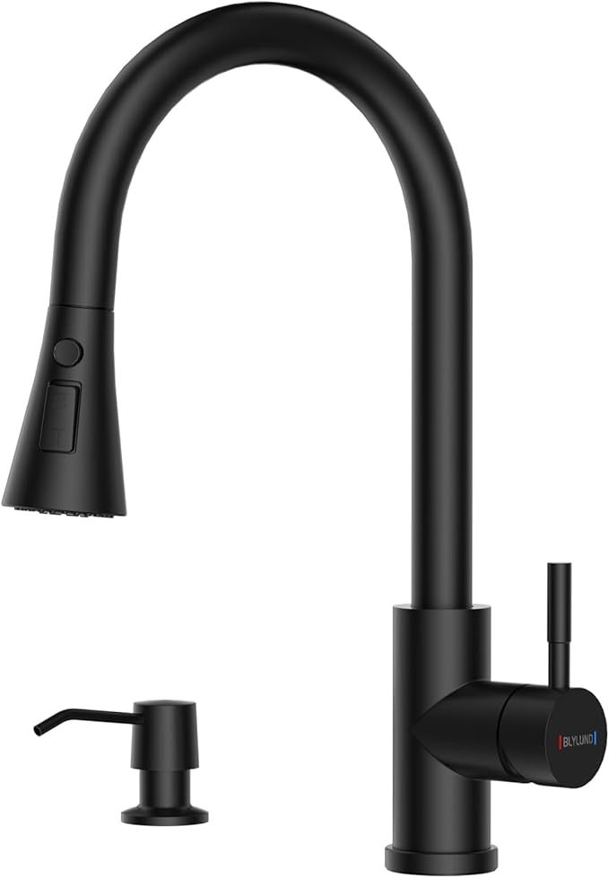 Matte Black Kitchen Faucets with Soap Dispenser,Kitchen Faucet with Pull Down Sprayer 3 Modes, Stainless Steel Modern Kitchen Sink Faucets High Arch Single Handle Faucet