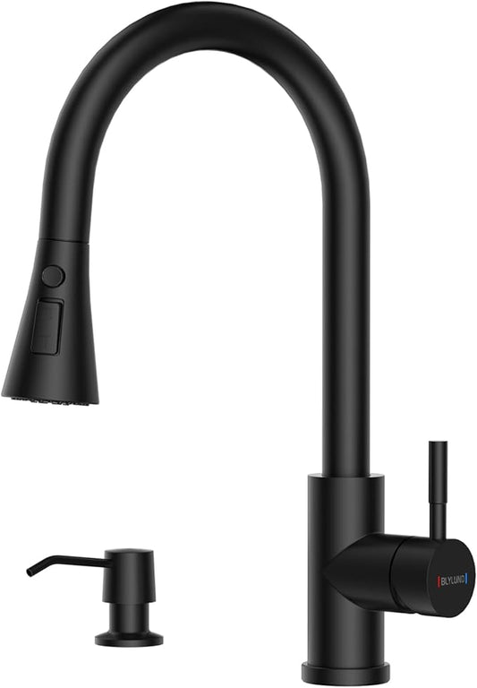 Matte Black Kitchen Faucets with Soap Dispenser,Kitchen Faucet with Pull Down Sprayer 3 Modes, Stainless Steel Modern Kitchen Sink Faucets High Arch Single Handle Faucet