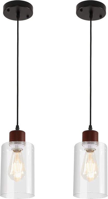 Modern Wood Pendant Lighting for Kitchen Island, Farmhouse Pendant Light Fixtures 2 Pack, Adjustable Hanging Ceiling Light with Clear Glass Shade
