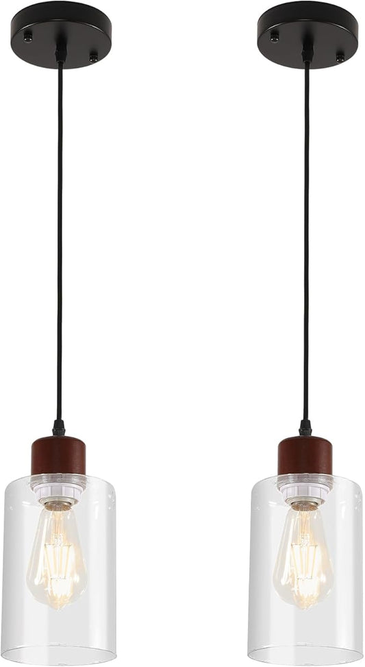 Modern Wood Pendant Lighting for Kitchen Island, Farmhouse Pendant Light Fixtures 2 Pack, Adjustable Hanging Ceiling Light with Clear Glass Shade