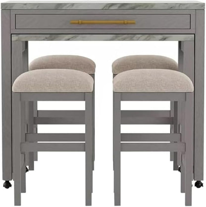 espidoo Kitchen Island with Stools & Storage: Expandable Faux Marble Top on Casters - Farmhouse Style Dining Set for Small Spaces & Family Gatherings