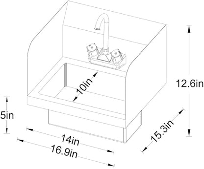 Rockpoint 304 Stainless Steel Handmake Sink for Washing with Faucet and Side Splash, Commercial Wall Mount Hand Basin for Restaurant, Kitchen and Home, 17 x 15 Inches, Silver