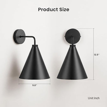 Vintage Modern Metal Conical Wall Sconce - Retro Black Wall Lamp, Decorative Inspired Cone Wall Mount Lighting Fixture for Bedroom, Living Room, Hallway(9.8“L x 9.8" W x 12.5" H Black)