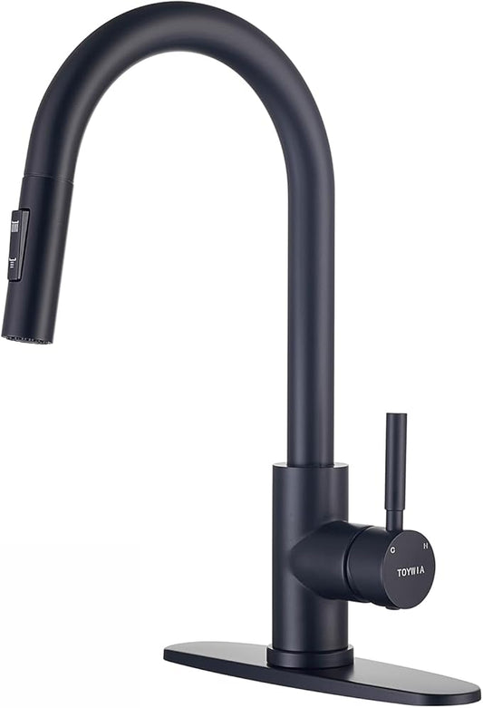 Kitchen Faucets with Pull Down Sprayer, Matte Black Single Handle High Arc Stainless Steel Sink Faucet with Deck Plate, 1 or 3 Hole Deck Mount for RV, Bar, Farmhouse, Laundry, Outdoor