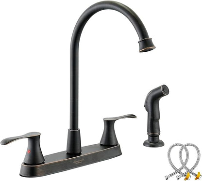 Oil-Rubbed-Bronze Kitchen Faucet with Side Sprayer, Bronze 2-Handle Faucet for 4 Holes Kitchen Sink