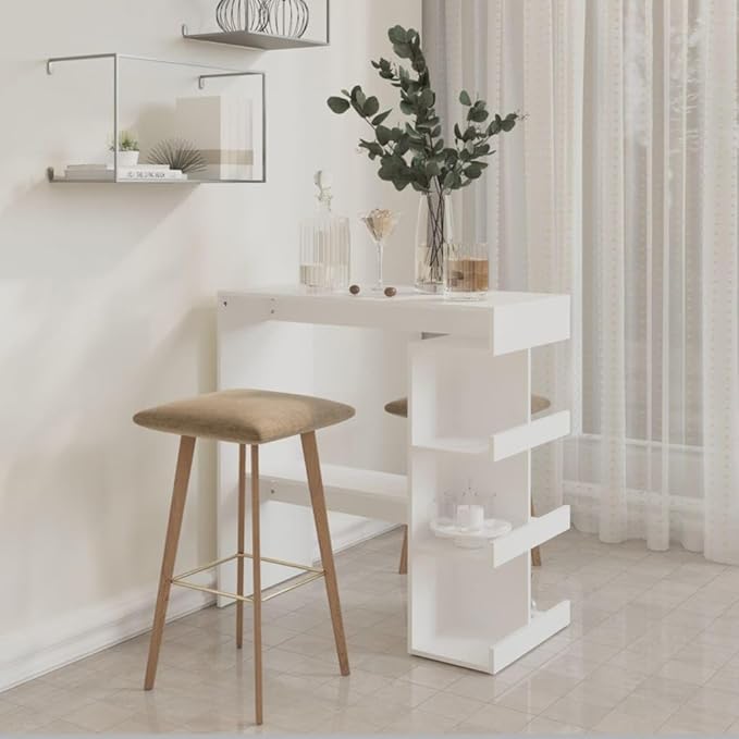 White Bar Table with Storage Rack 39.4in Long x 19.7in Wide x 40.0in High Engineered Wood Matte Finish Modern Design for Kitchen Dining Room Home Bar and Small Spaces