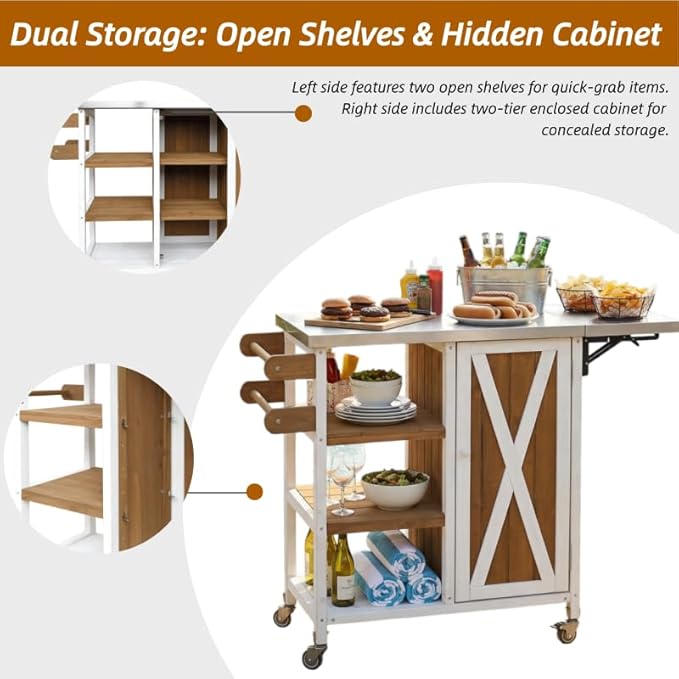 MERITLINE Foldable Outdoor Kitchen Island with Stainless Steel Top, Lockable Rolling Casters & Towel Rack, Mobile BBQ Prep Cart with Open Shelves and Hidden Cabinet for Patio, Balcony, White+Brown