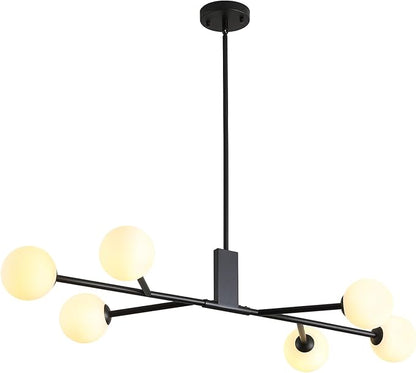 Modern Black Sputnik Island Light, 6-Light Glass Linear Chandelier for Dining Room, 46'' Ceiling Pendant Light Fixture with Globe Lampshade, Large Hanging Lamp Over Table, Bar, G9 Base