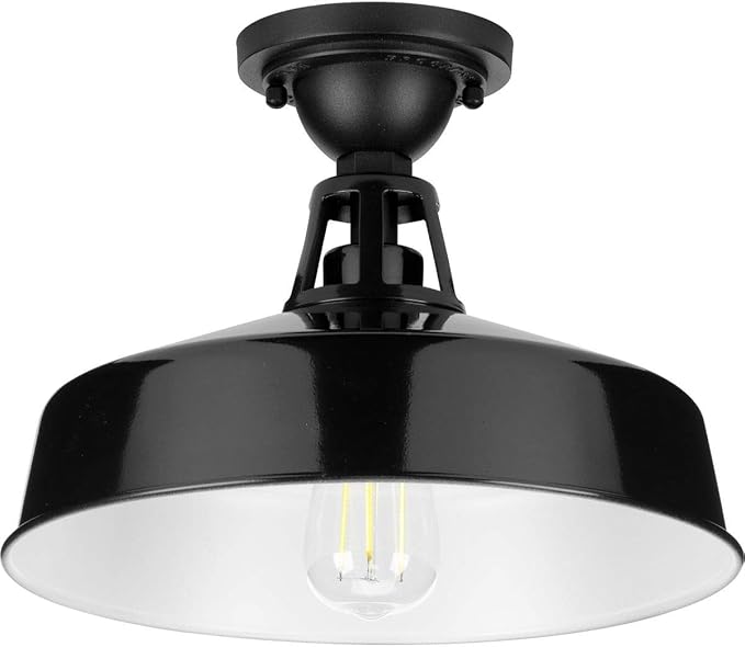 Progress Lighting Cedar Springs Collection 1-Light Farmhouse Outdoor Semi-Flush Mount Light Gloss Black, 9.50x13.25x13.25