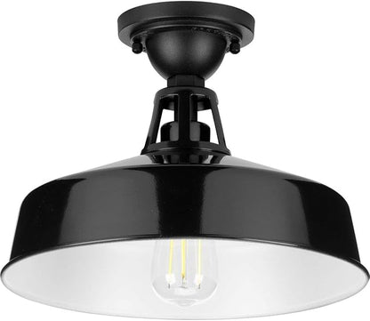 Progress Lighting Cedar Springs Collection 1-Light Farmhouse Outdoor Semi-Flush Mount Light Gloss Black, 9.50x13.25x13.25