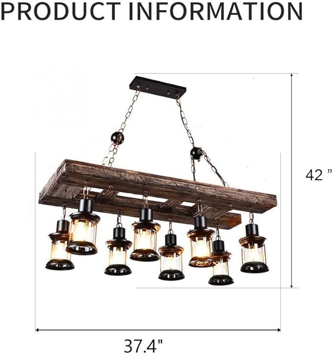 A Million Retro Farmhouse Wood Chandelier, 8-Light Industrial Chandelier Light Fixture with Seeded Glass Shades, 38" Rectangle Pendant Chandeliers for Dining Room, Kitchen Island