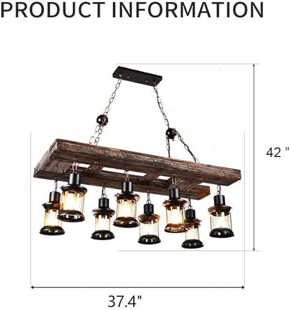 A Million Retro Farmhouse Wood Chandelier, 8-Light Industrial Chandelier Light Fixture with Seeded Glass Shades, 38" Rectangle Pendant Chandeliers for Dining Room, Kitchen Island