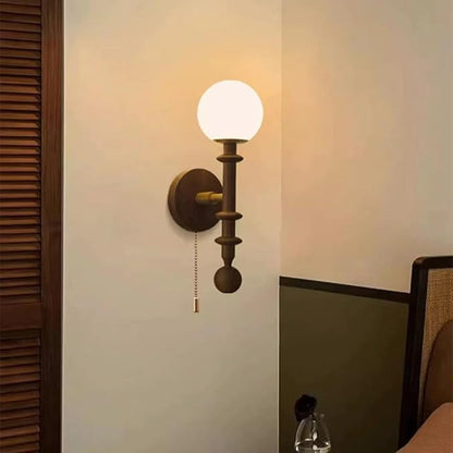 Vintage Wood Wall Sconce Globe Glass Wall Lamp with Pull Chain Switch, Farmhouse Bedside Aisle Deco Lighting Fixture Retro Modern Wooden Wall Light for Living Room Hallway Stairs, E27