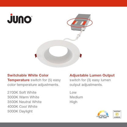 Juno LED Recessed Lights 6 Inch Round Wafer Downlight, 5-in-1 Switchable White Color Temperature, Adjustable Brightness, Deep Regressed Baffled Trim, 6-Inch, Matte White, 6-Pack