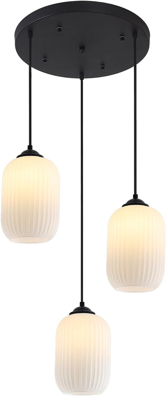 Small 3 Light Cluster Chandelier White and Black Glass Cylinder Pendant Light Vintage Milk Glass Chandelier Mid Century Modern Kitchen Island Pendant Light Stairwell Lighting Fixtures