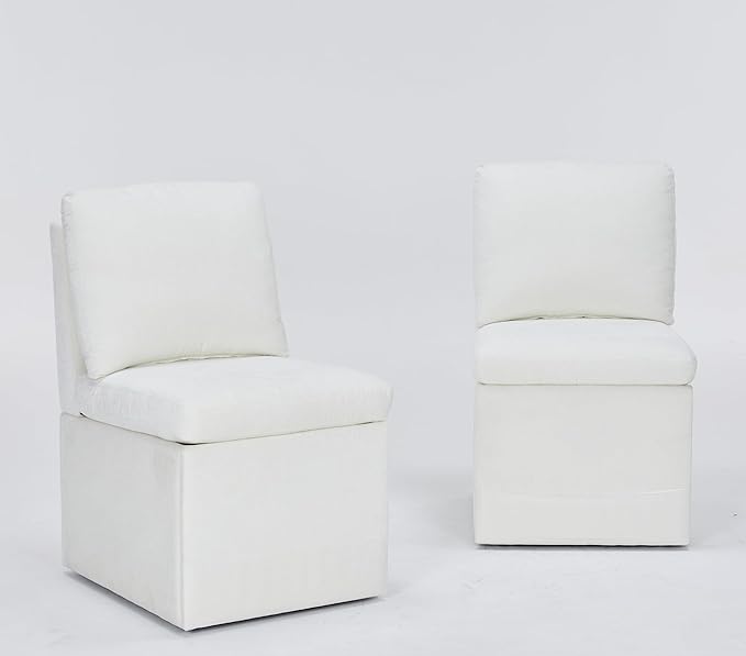 Set of 2 Linen Upholstered Armless Dining Chair with Casters and Storage Space, Modern Dining Room Chairs with Wheels for Dining Room Kitchen Bedroom Reading Room Living Room, Ivory
