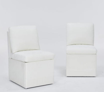 Set of 2 Linen Upholstered Armless Dining Chair with Casters and Storage Space, Modern Dining Room Chairs with Wheels for Dining Room Kitchen Bedroom Reading Room Living Room, Ivory