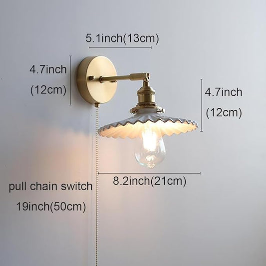 Ceramic Wall Lamp Vintage Wall Light Fixtures with Pull Chain Switch Gold Brass Sconces Wall Lighting White Small Wall Sconce Light for Bedroom Kitchen Study Aisle