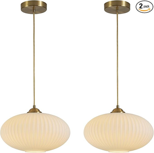 KCO Lighting White Ribbed Glass Ceiling Light Modern Antique Brass Pendant Light Gold Globe Pendant Light Fixture Mid Century Kitchen Island Pendant Lighting (2 Pack)