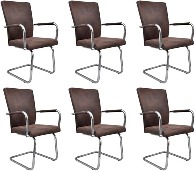 Cantilever Dining Chairs Set of 6 Brown Faux Suede Leather Modern Farmhouse Kitchen Chairs with Iron Frame, Comfortable Seating for Dining Room Living Room