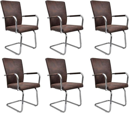 Cantilever Dining Chairs Set of 6 Brown Faux Suede Leather Modern Farmhouse Kitchen Chairs with Iron Frame, Comfortable Seating for Dining Room Living Room