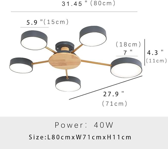 5-Lights LED Ceiling Light Fixture,32 Inch Modern Ceiling Lights Flush Mount Wooden 40W Dimmable Chandelier for Living Room Bedroom Kitchen,3000K/4000K/6000K Grey